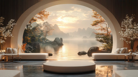 3d render of a modern living room with a beautiful lake viewの素材