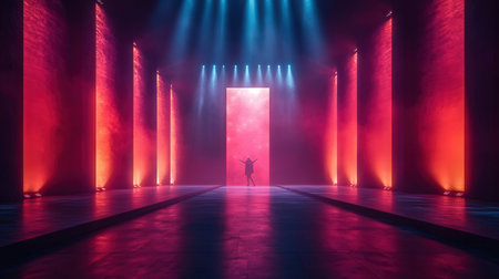 Futuristic scene with neon lights and a human figure. 3d renderingの素材