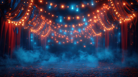 Dark stage with red curtains, spotlights and smoke. 3d renderの素材