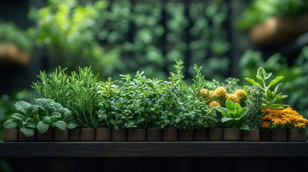 Different types of fresh herbs in pots on a wooden table. Selective focus.の素材