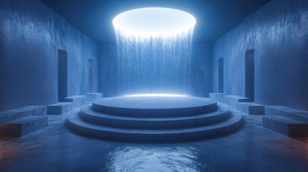 Futuristic podium with neon light in dark room. 3D renderingの素材