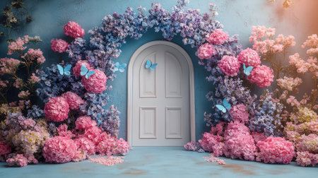 3d illustration of blue door with pink flowers and blue butterflies.の素材
