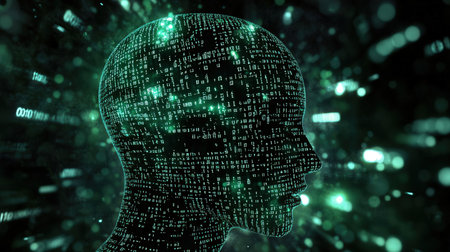 Digital cyberspace concept with human head made of binary code. 3D renderingの素材