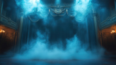 Old classic theater with dramatic lighting and smoke, toned image.の素材
