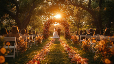 Wedding ceremony in the park at sunset. Bride and groom.の素材