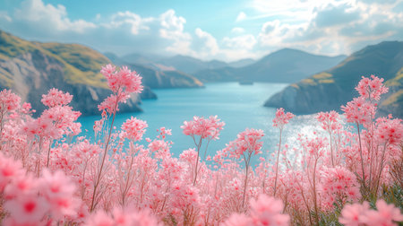 Beautiful pink rhododendron flowers on the background of the seaの素材