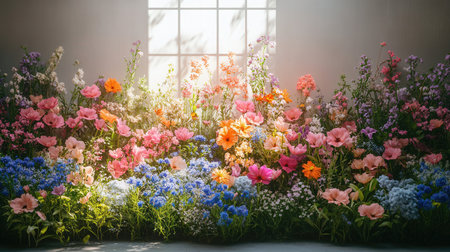Colorful flowers in the garden with sunlight through the window, stock photoの素材