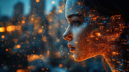 Double exposure of woman face and digital city. 3d rendering.の素材