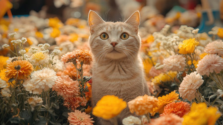 Cute cat sitting in flower garden. Selective focus point.の素材
