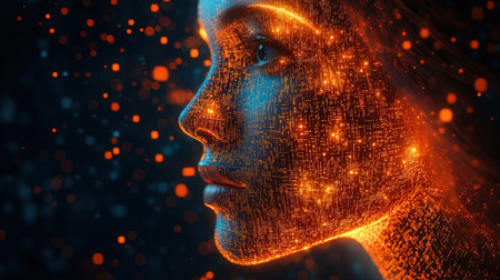 Cyborg woman face with binary code. 3D rendering double exposureの素材