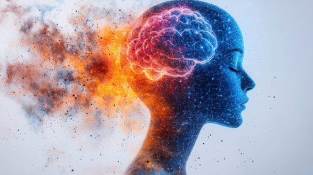 Brainstorming and brainstorming concept as a human head with exploding brain in front of a white background.の素材