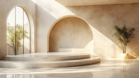 Minimalist interior design with round podium and arches. 3D Renderingの素材