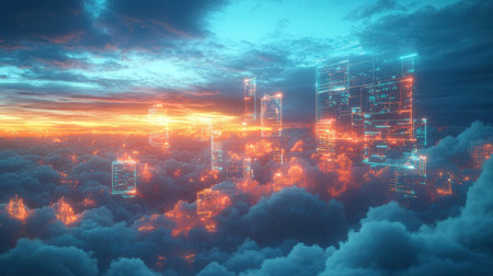 3D illustration of futuristic city with skyscrapers in the cloudsの素材