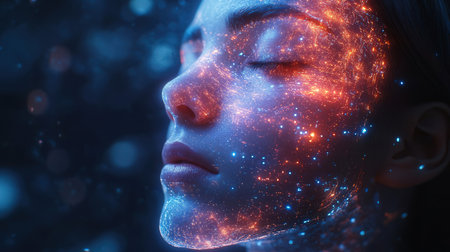 Portrait of a beautiful woman with closed eyes. Space background.の素材