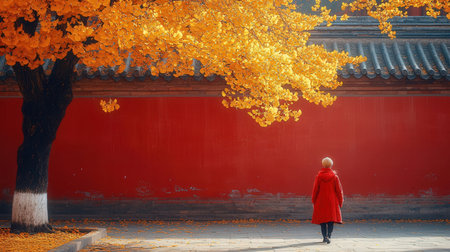 Woman in red coat and yellow ginkgo tree in autumn parkの素材