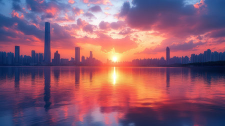 Shenzhen city skyline at sunset, Guangzhou, China.の素材