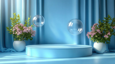3d render of blue podium with plants in vase and soap bubblesの素材