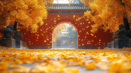 Autumn landscape with yellow ginkgo leaves. 3d renderingの素材