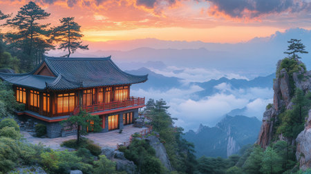 Beautiful chinese temple in the mountains at sunset, panoramaの素材