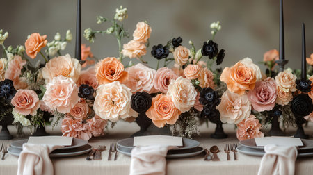 Wedding table decorated with flowers and cutlery. Wedding decor.の素材