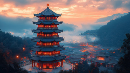 Beautiful pagoda in chinese temple in the mountains at sunsetの素材