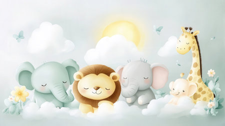 Cute cartoon animals in a cloud with sun and sky background.の素材