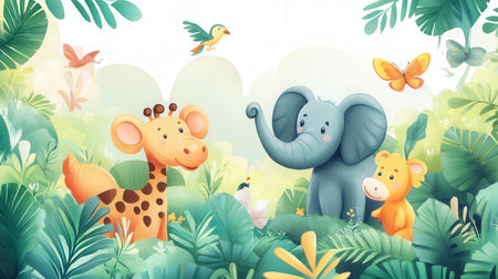 Cute cartoon animals in the jungle. Illustration for children.の素材