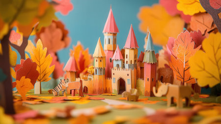 Fairy tale castle made of plasticine with colorful autumn leaves.の素材