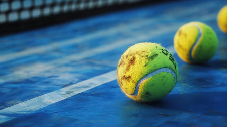 tennis ball on the court, closeup of photo with soft focusの素材