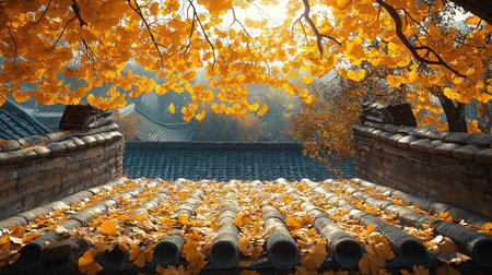 Autumn leaves on the wall of a chinese temple in Beijingの素材