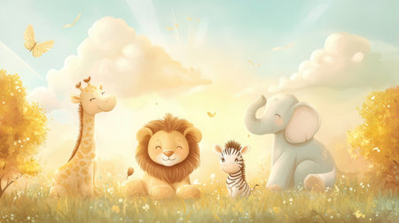 Cute cartoon animals in the meadow with butterflies and clouds.の素材