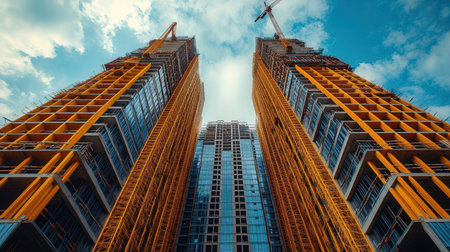 Low angle view of modern skyscrapers under construction against blue skyの素材