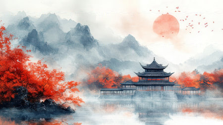 Landscape of Hangzhou West Lake in China, watercolor paintingの素材