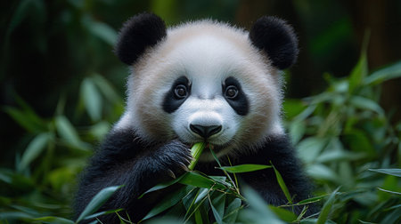 Giant panda bear eating bamboo leaves in the jungle of Chinaの素材