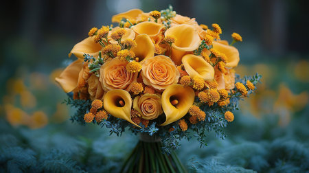 Wedding bouquet of yellow calla lilies and orange rosesの素材