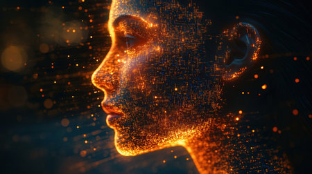 3d illustration of female face with digital particles. Concept of artificial intelligenceの素材