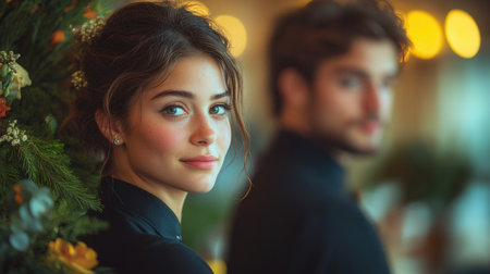 Portrait of beautiful woman looking at camera while standing with boyfriend in cafeの素材