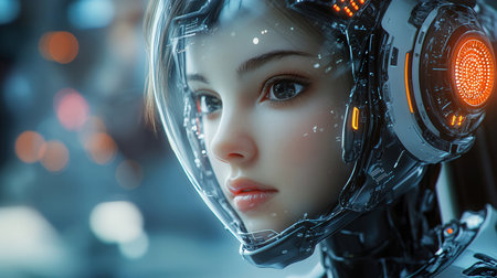 Closeup portrait of a female astronaut in helmet. 3d renderingの素材