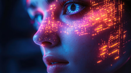 Futuristic cyberpunk woman face. Closeup portrait of futuristic girl. Futuristic female face.の素材