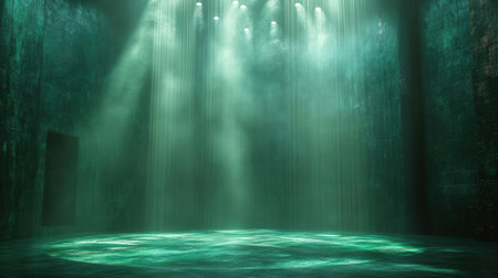 green stage with spotlights and smoke, 3d render illustration backgroundの素材
