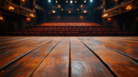 Empty wooden floor in front of stage with lights on background, vintage toneの素材