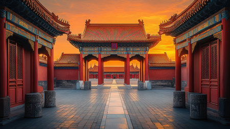Forbidden city gate in Beijing, China at sunset. 3D renderingの素材