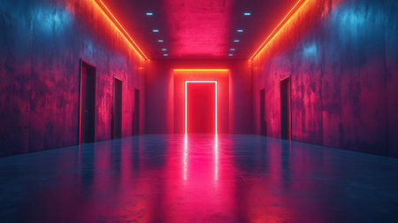 3D rendering. Futuristic corridor with neon lights. Neon lights.の素材