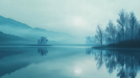 Misty morning on the mountain lake with trees and reflection in waterの素材