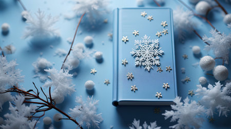 Blue notebook with white snowflakes on blue background. Christmas conceptの素材