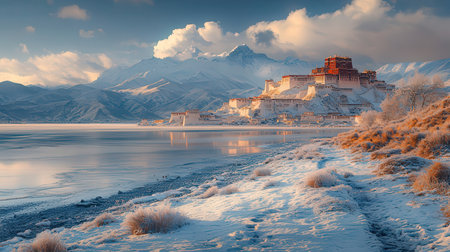 Panoramic view of Svaneti fortress in winter. Georgiaの素材