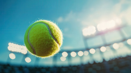 Tennis ball on tennis court with lights on background. Soft focusの素材