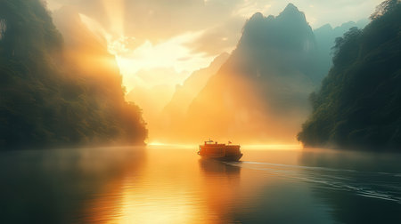 Fishing boat on the river. Mountain landscape with fog and sun.の素材