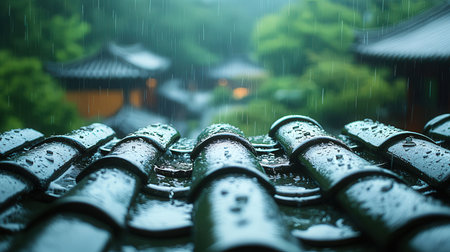 Rain drops on the roof of a Japanese house in a rainy dayの素材