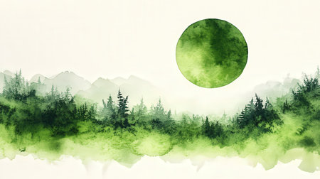 Landscape with mountains, forest and full moon. Watercolor painting.の素材